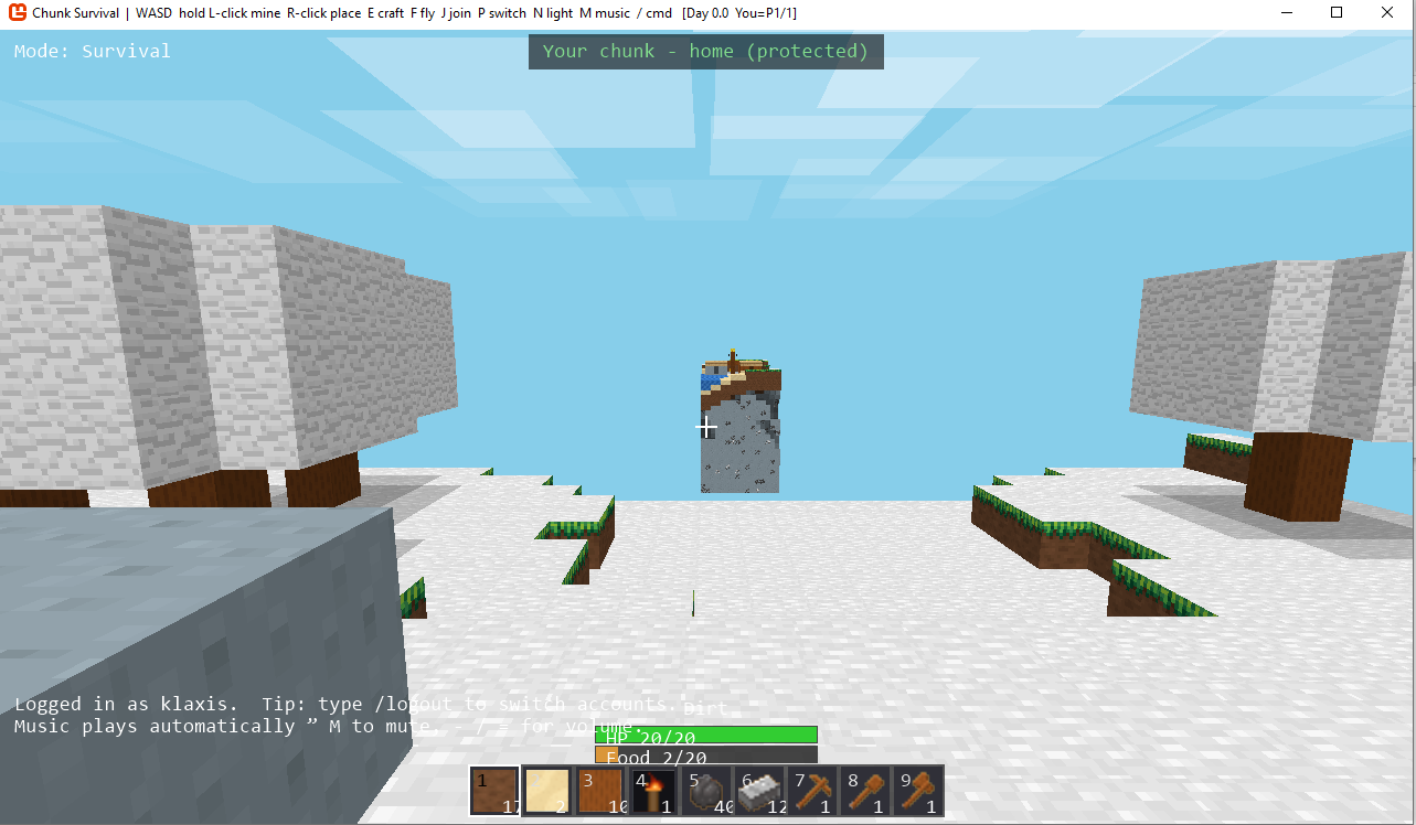 Eliocraft home chunk view with snowy trees and a distant claimed island.