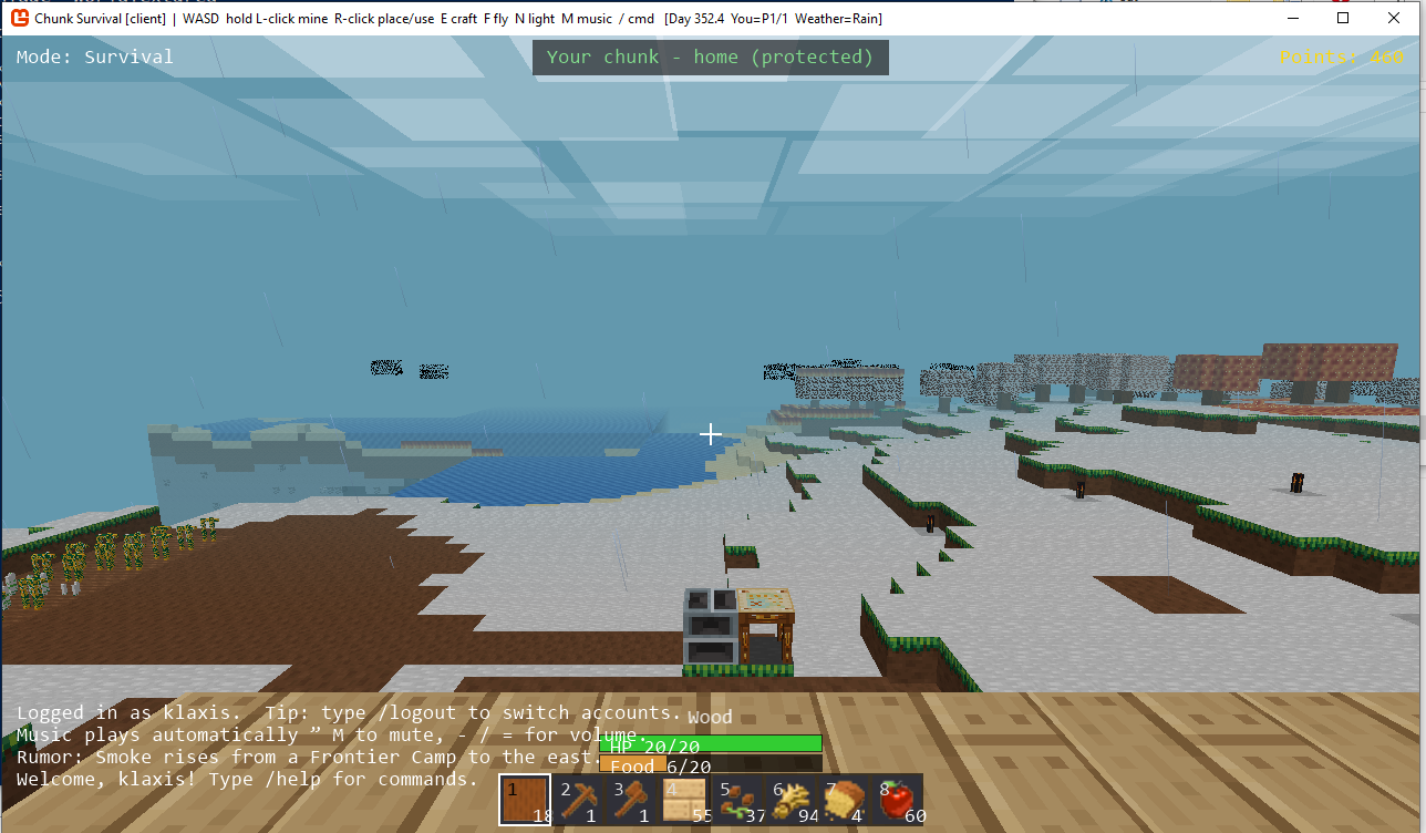 Eliocraft survival gameplay with a protected home chunk, farms, rain, and the player HUD.